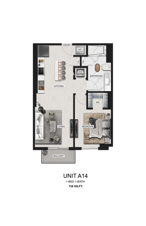 Floor plan for 1 bed, 1 bath, 735 sqft